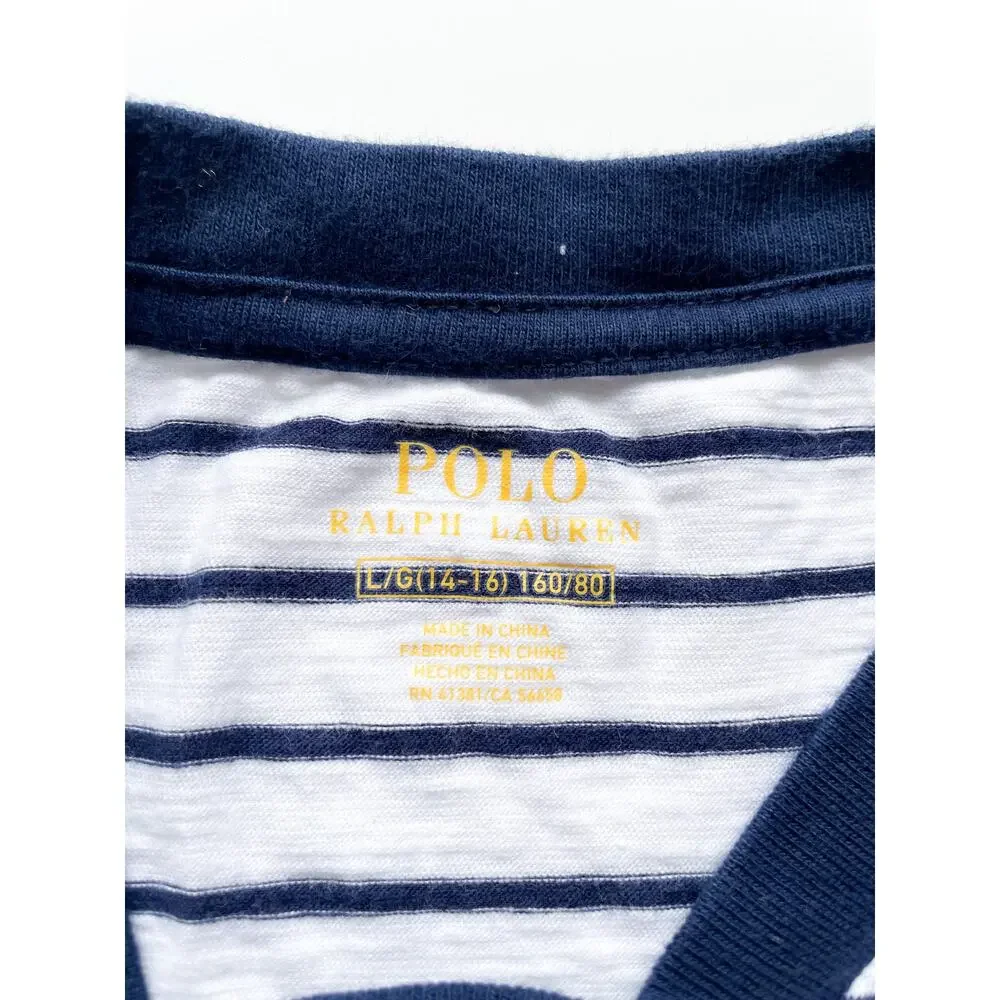Boy's Ralph Lauren Navy and White Stripe V-Neck T-Shirt Size 14/16
